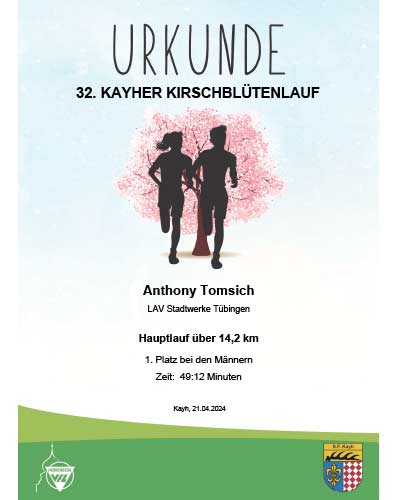 Gewinnerurkunde 32.Kayher Kirschblütenlauf 2024 - Sieger Anthony Tomsich